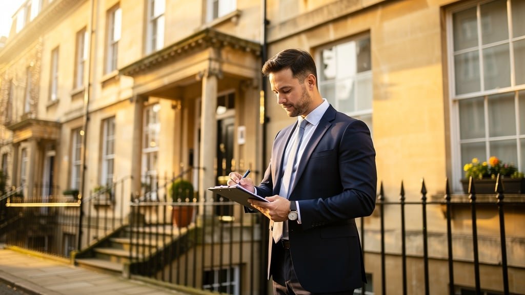 RICS building surveyor reviewing notes outside a Georgian Bath stone property