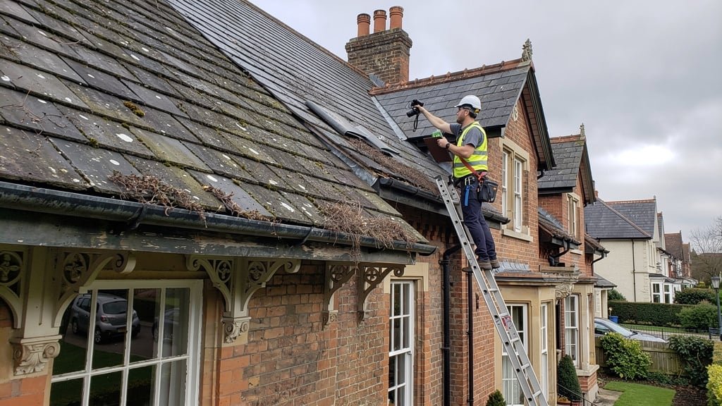 Surveyor inspecting roof tiles and guttering on a period Bath property