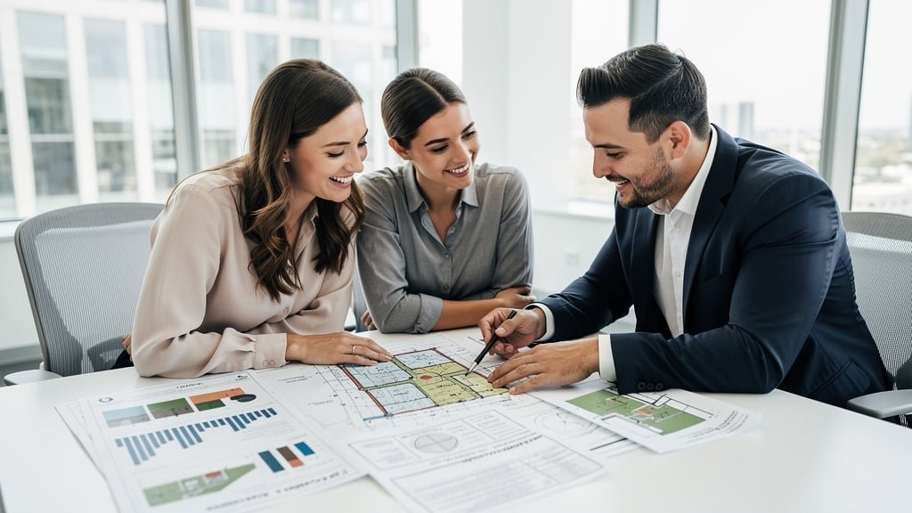 Couple reviewing Level 2 homebuyer survey report with a surveyor